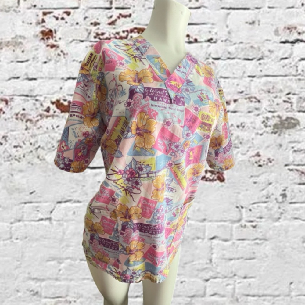 Barco Hawaiian Floral V-Neck Scrub Top w/Pockets Sz Sm-Med